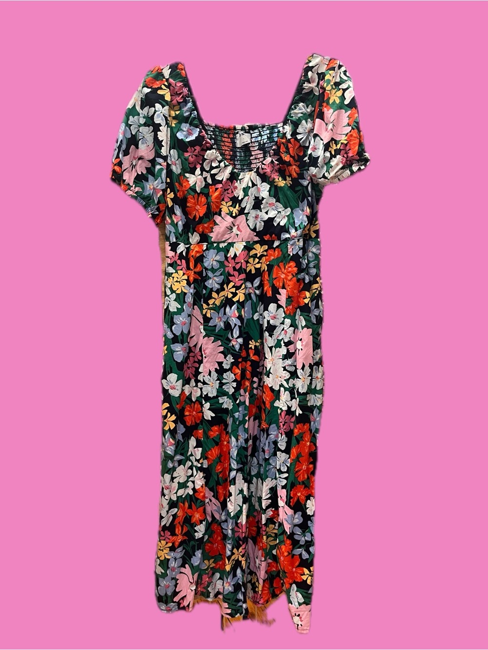 Old Navy Size Large Floral Puff-Sleeve Midi Dress - Black Floral Print